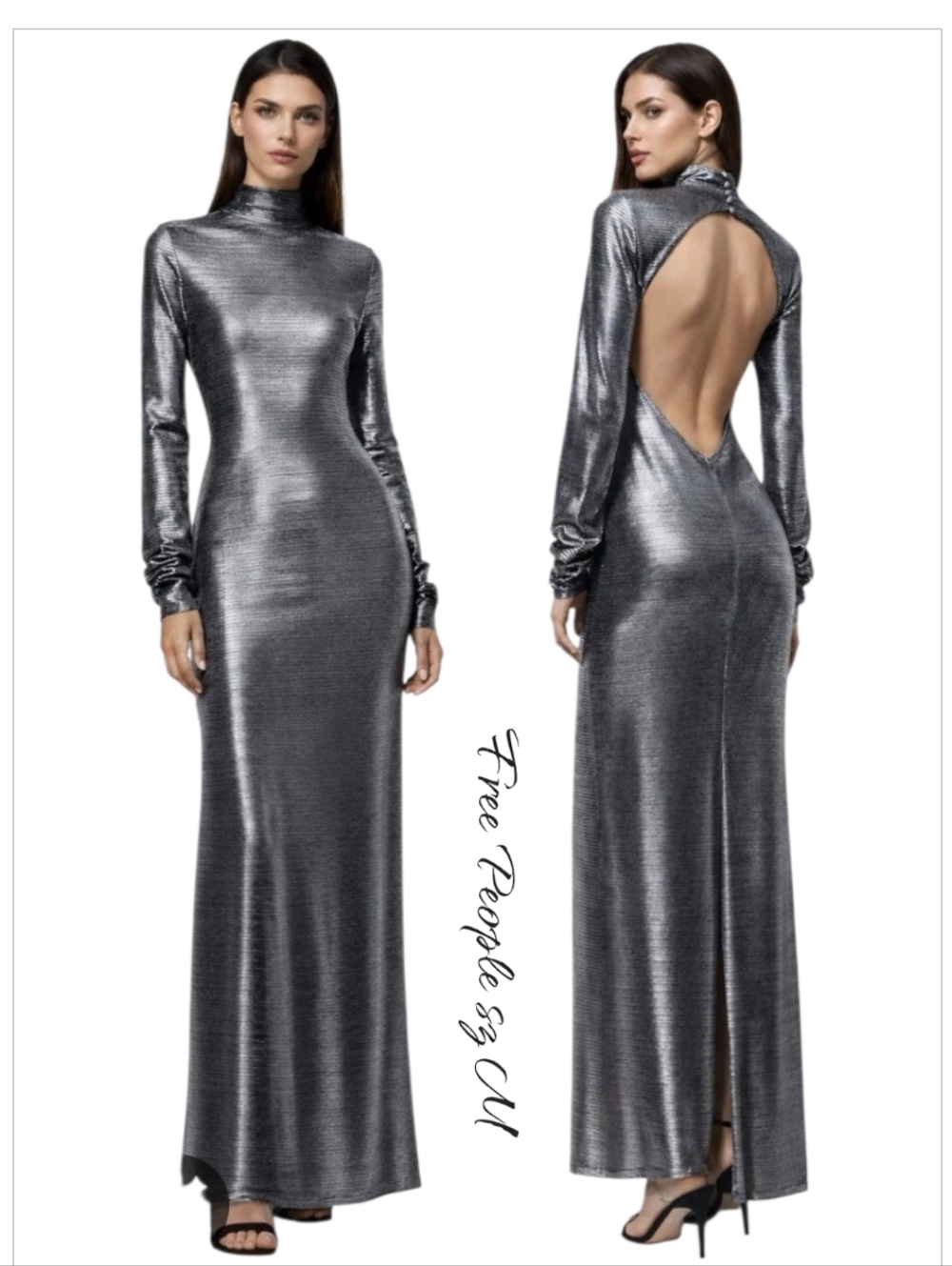 NWT Free People Mila Silver Metallic Open Back Maxi Dress Size M